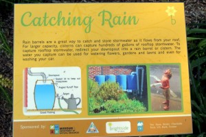 Catching rain sign in Brightside St. Louis demonstration garden