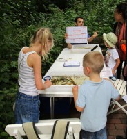 Kids looking at pond water with microscopes and magnifying glasses